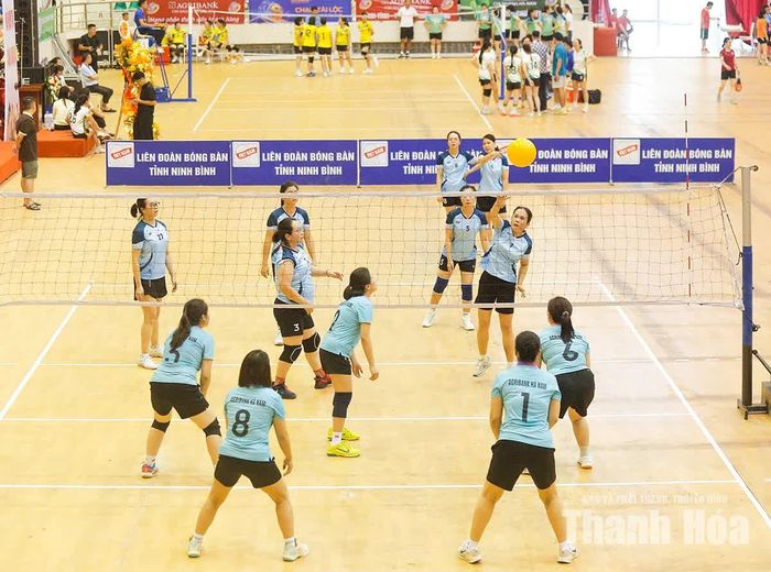 Các VĐV tham gia thi đấu môn bóng chuyền hơi nữ.