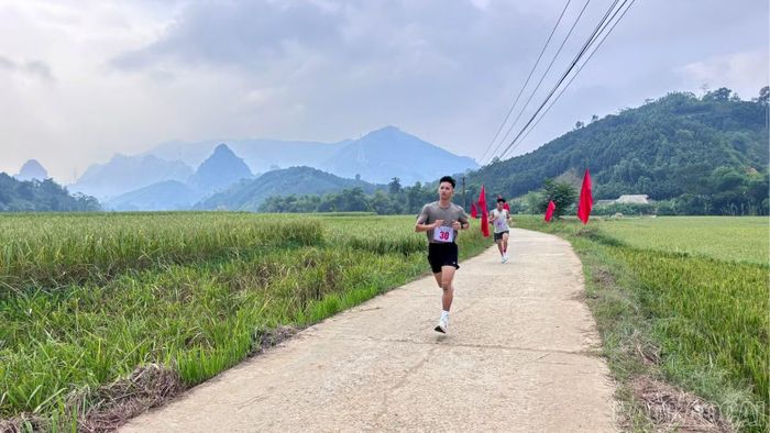 Các vận động viên tranh tài trên cung đường chạy qua cánh đồng quanh di tích lịch sử Đình làng Già Hạ.