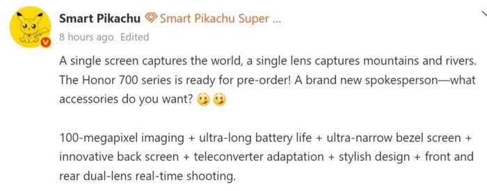 Thông tin chia sẻ từ Smart Pikachu về các tính năng mới trên HONOR 700 series
