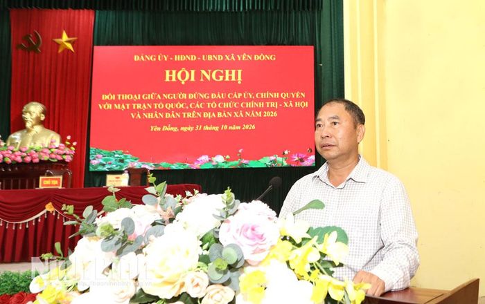Đồng chí Nguyễn Huy Liệu, Bí thư Đảng ủy, Chủ tịch HĐND xã Yên Đồng phát biểu tại hội nghị.