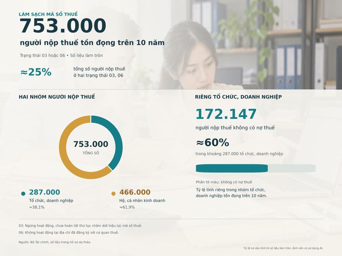 Theo Bộ Tài chính, khoảng 753.000 người nộp thuế ở trạng thái 03, 06 trên 10 năm.