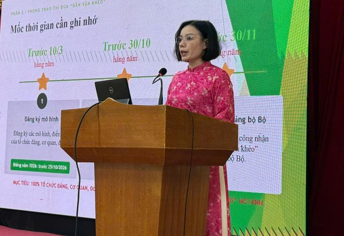 Đồng chí Phạm Thị Thu Hoà, Phó Trưởng ban Ban Tuyên giáo và Dân vận Đảng ủy Bộ Xây dựng, phát biểu về Chuyên đề Công tác dân vận, phong trào "Dân vận khéo" và thực hiện dân chủ ở cơ sở tại Đảng bộ Bộ Xây dựng.