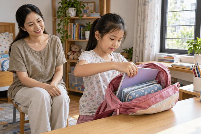 Tự chuẩn bị đồ dùng học tập với sự khích lệ của cha mẹ giúp trẻ rèn tính tự lập và ý thức trách nhiệm từ những việc nhỏ