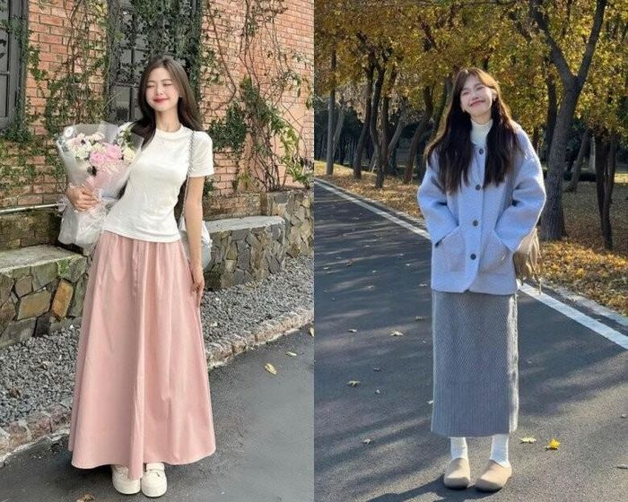 Chân váy dài bằng len, dạ mỏng hoặc kaki kết hợp cùng áo thun, áo giữ nhiệt và áo khoác tạo nên tổng thể hài hòa trong những ngày thu đông.
