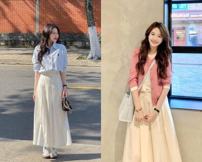 Chân váy dài phối cùng sơ mi trắng hoặc áo len mỏng, kết hợp giày loafer và túi xách giúp hoàn thiện phong cách old money mang nét cổ điển, chỉn chu.