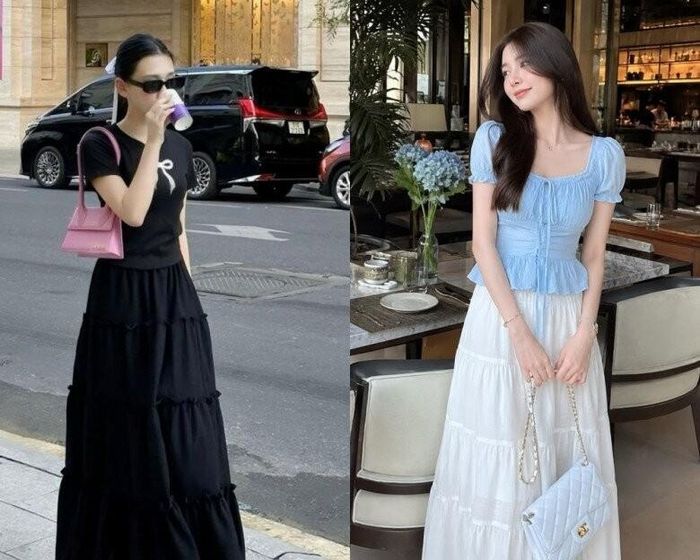 Chân váy dài cạp cao mix cùng áo cách điệu giúp định hình vòng eo, tạo hiệu ứng đôi chân dài hơn. Phom chữ A hoặc dáng suông nhẹ mang đến vẻ mềm mại, phù hợp với phong cách old money.