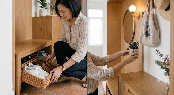 Tủ giày nên có cửa đóng kín để ngăn mùi và vi khuẩn; cây phong thủy nhỏ đặt ở huyền quan giúp lọc không khí và sinh thêm vượng khí.
